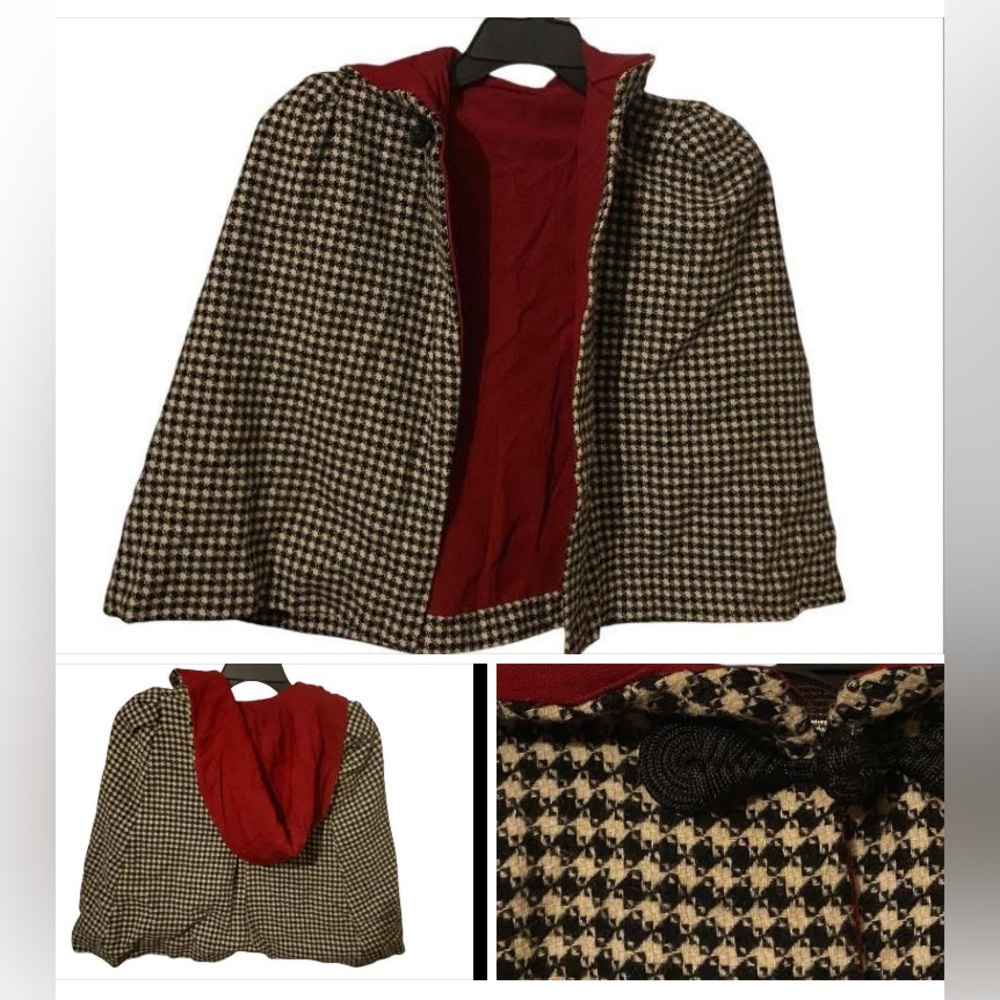 Vintage Houndstooth Crimson Childs / Small Cape w/ Hood #9582